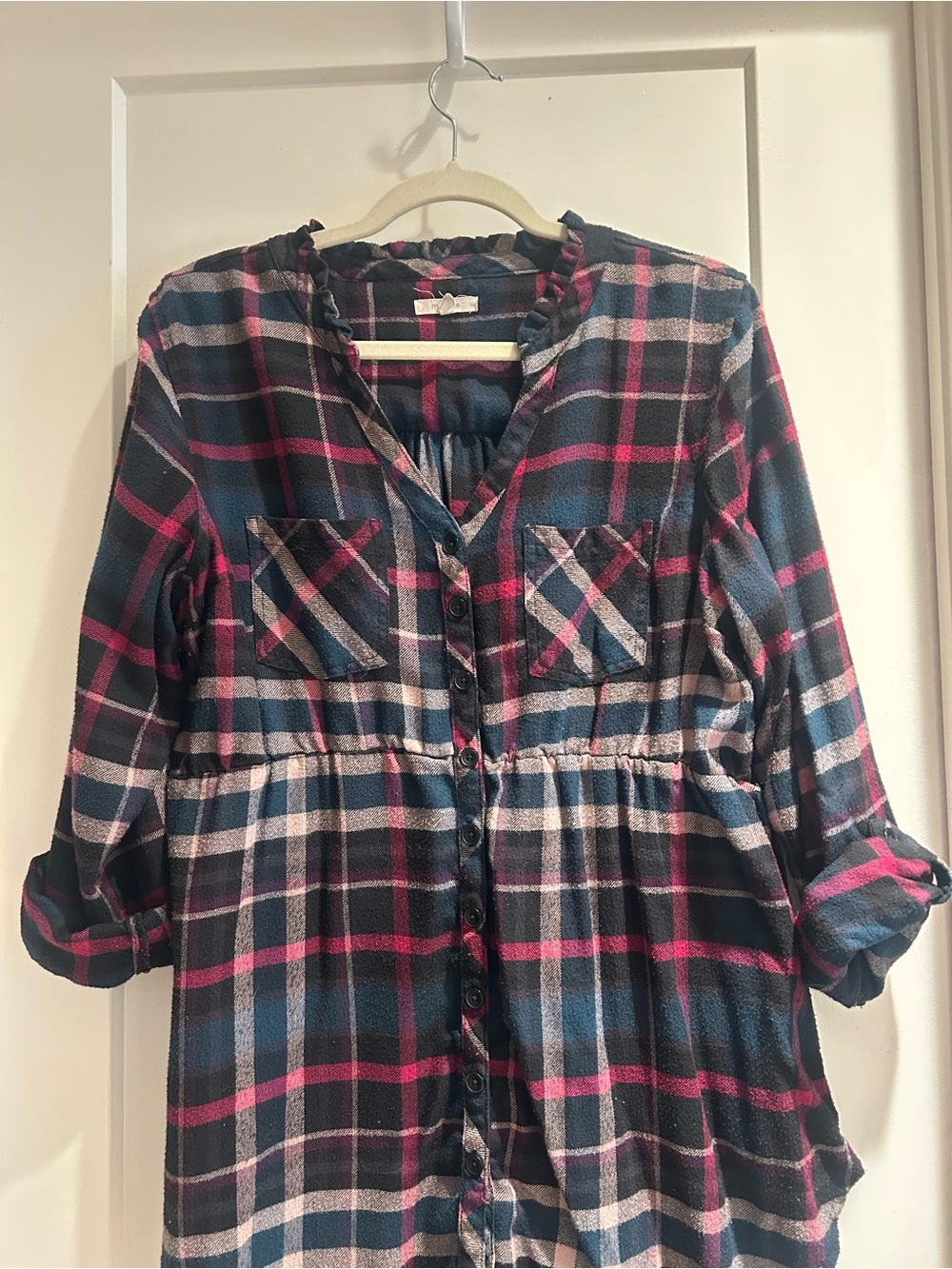 Maurices Dark Teal Pink and Ivory Plaid Button-Front Tunic